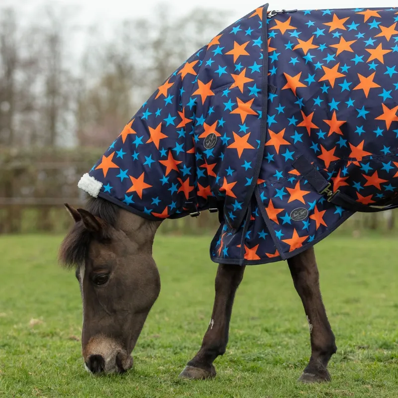 Mark Todd Mediumweight Pony Neck Cover In Navy/Orange Stars 1 Mark Todd Mediumweight Pony Neck Cover In Navy/Orange Stars