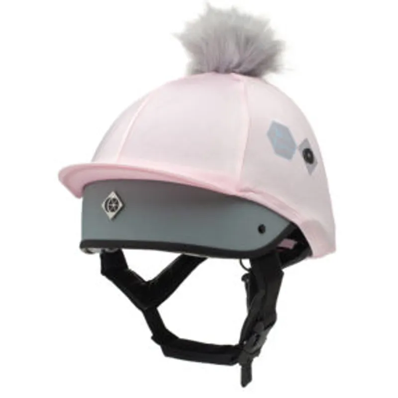 Charles Owen This Esme PomPom Silk Baby Pink Blue/grey Logo 1 Charles Owen This Esme PomPom Silk Baby Pink Blue/grey Logo