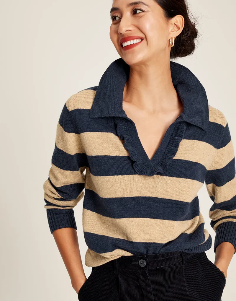 Joules Women's Maddie Striped V-Neck Jumper - Oat Stripe 1 Joules Women's Maddie Striped V-Neck Jumper - Oat Stripe